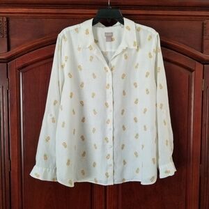Chico's 100% Linen Pineapple Print Button Front Shirt Size XL